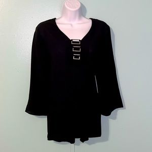 Cato Est 1846 Blouse‎ Black Size Medium Silver Buckles Asymmetrical Sheer